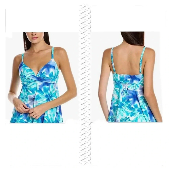 Coco Reef Sorrento Coastal Floral Diamond Wrap Tankini Top Capri Blue Sz 10/34D - Picture 1 of 6